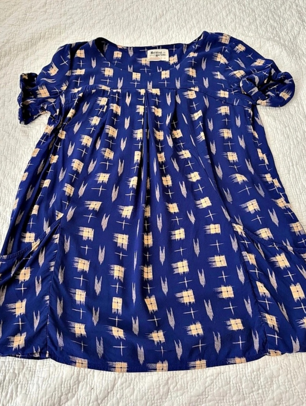 Anthropologie Holding Horses Geometric Ikat Tunic Colbalt Blue/Cream. Size XS